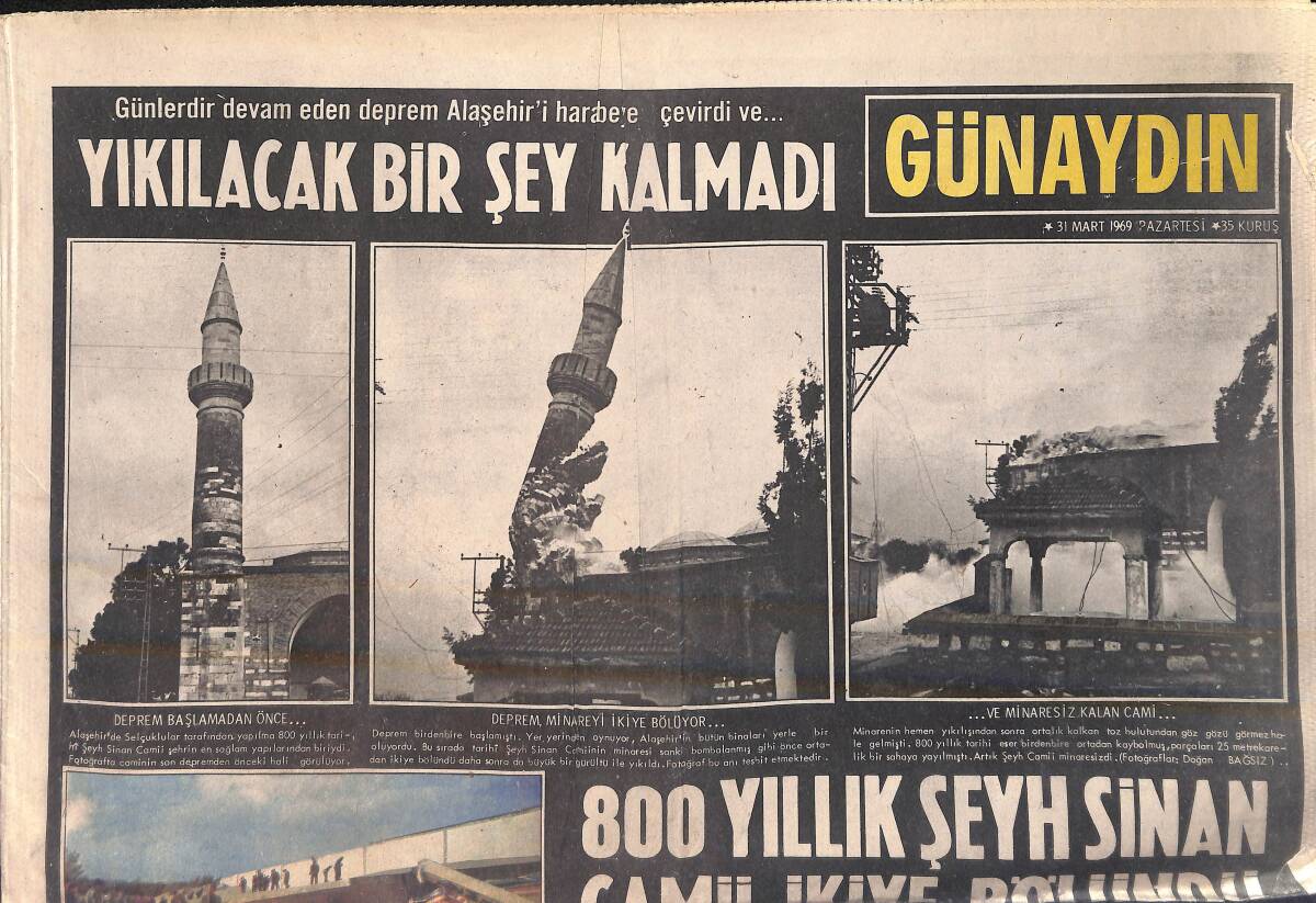 Günaydın Gazetesi 31 Mart 1969 - 800 Yıllık Şeyh Sinan Camii Yıkıldı - Galatasaray ve Fenerbahçe'den Puan Kaybı GZ157006 - 1
