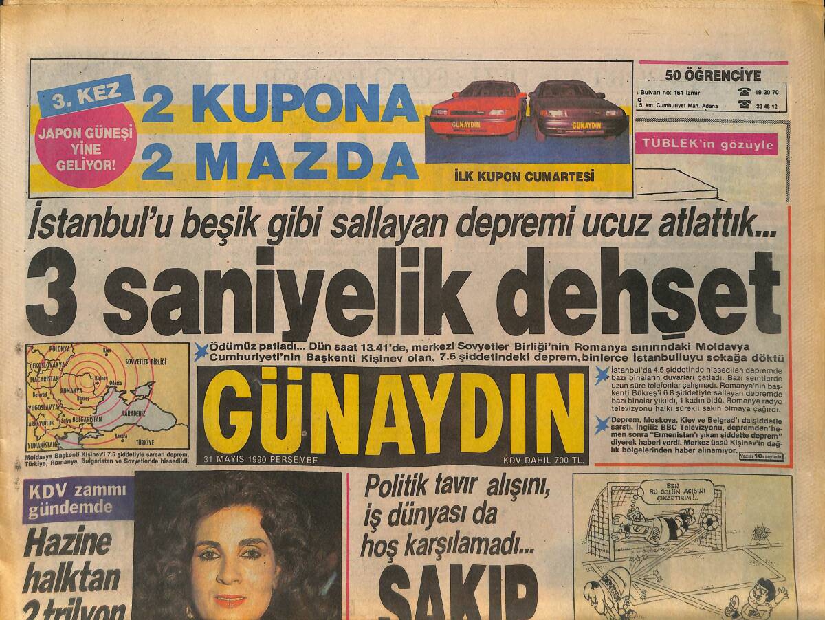 Günaydın Gazetesi 31 Mayıs 1990 - İstanbul 3 Saniye Boyunca Beşik Gibi Sallandı - Zerrin Özer'in Müzikli Belgeseli GZ133918 - 1