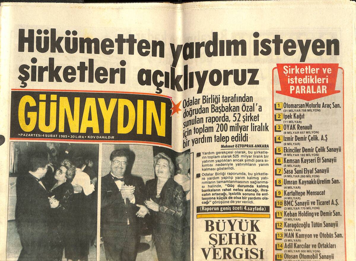 Günaydın Gazetesi 4 Şubat 1985 - Özallar Hiç Durmadan 2 Saat Dans Etti - Dünyanın En Ünlü Bale Okulu: Scala - Fransızların Genç Ünlüleri GZ143308 - 1