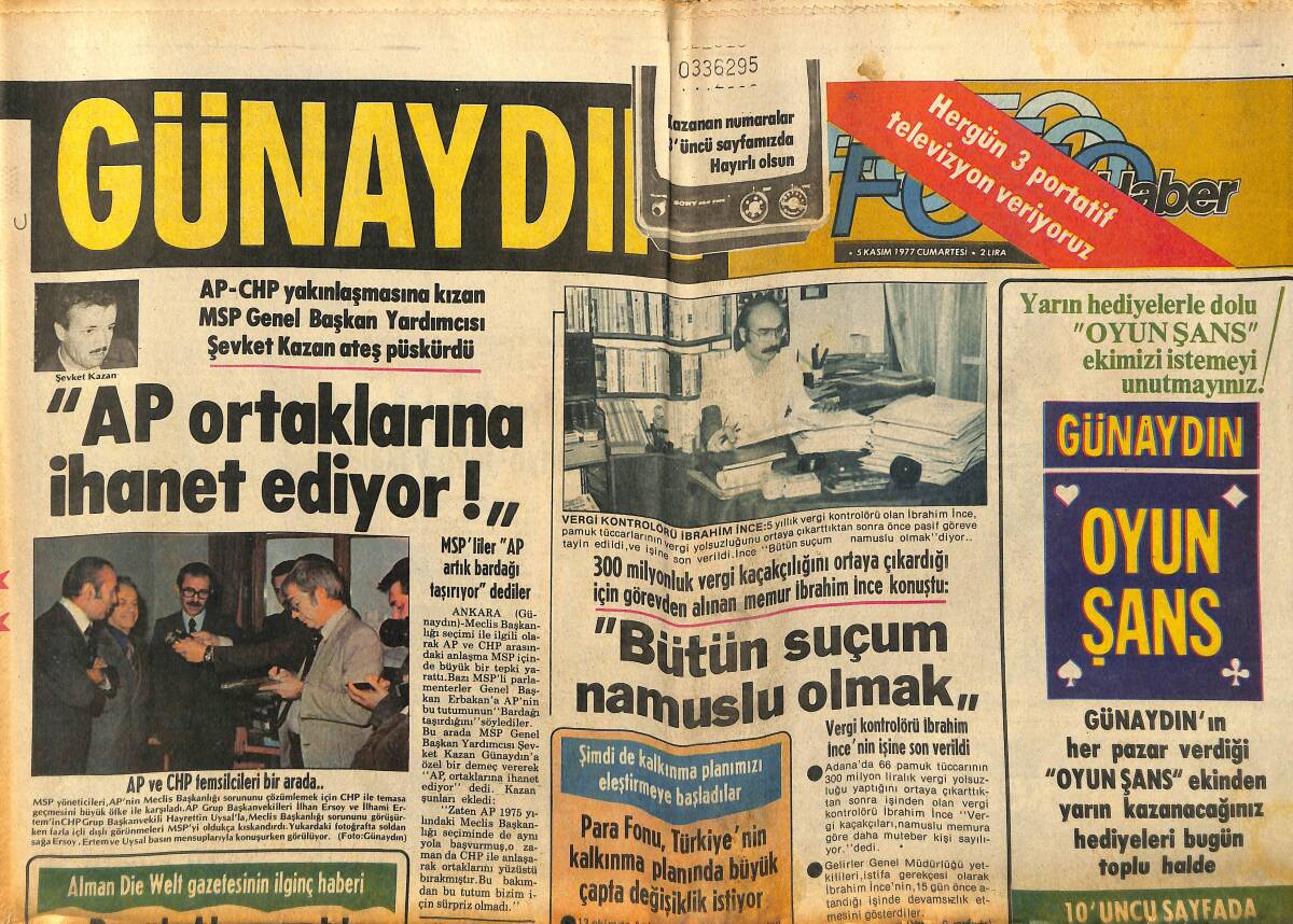 Günaydın Gazetesi 5 Kasım 1977 - AP Ortaklarına İhanet Ediyor - Büyük Alman Şairi Goethe'nin Türk Asıllı Olduğu İleri Sürüldü GZ152112 - 1