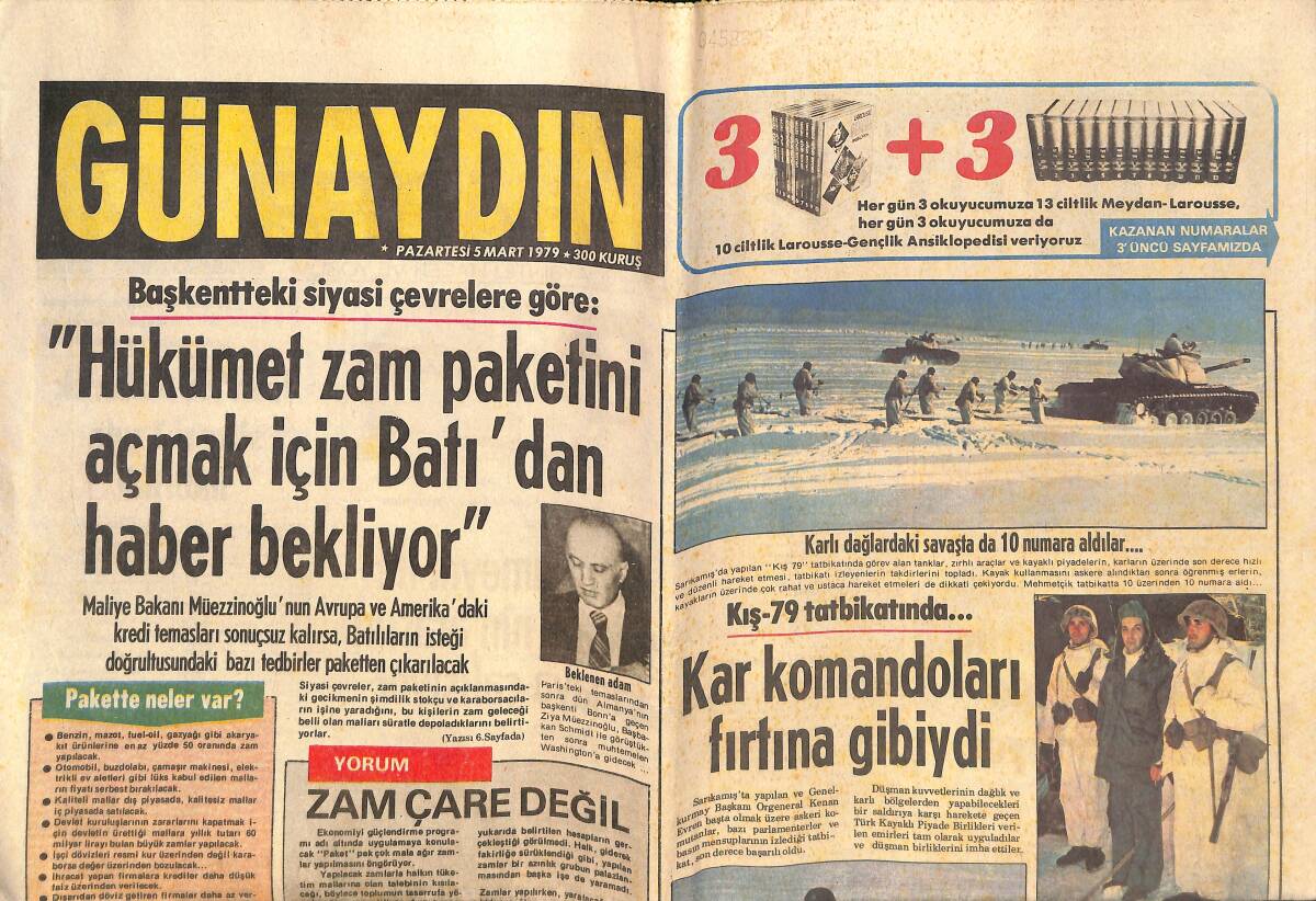 Günaydın Gazetesi 5 Mart 1979 - Hükümet Zam Paketini Açmak İçin Batı'dan Haber Bekliyor! - Sevda Karaca' Gong Şov' İçin Kilo Düşüyor! GZ146471 - 1
