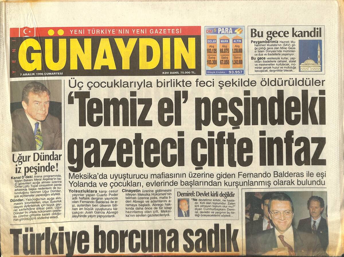 Günaydın Gazetesi 7 Aralık 1996 - Sabancı'dan Kalplere Bağış - Türkan Şoray Fransa Yolcusu GZ147799 - 1
