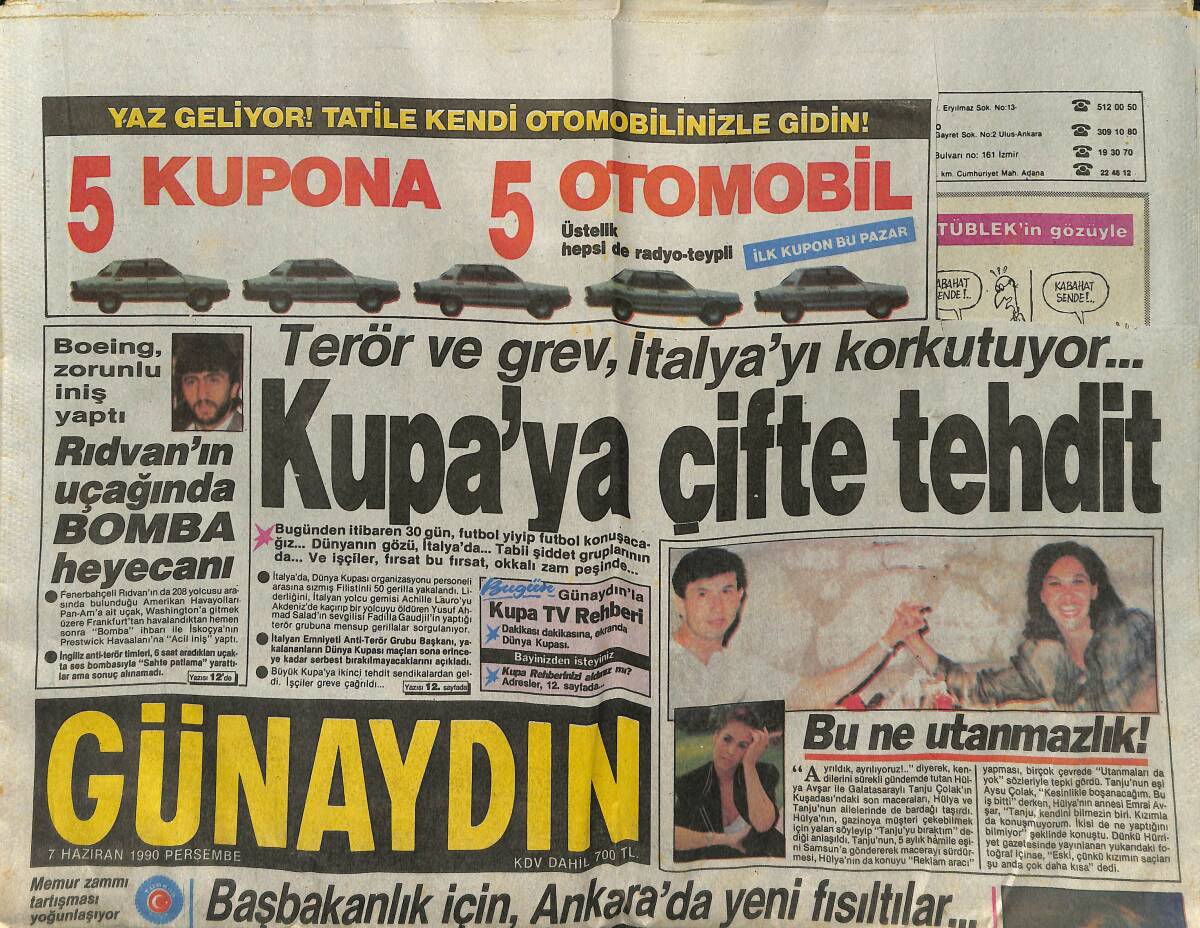 Günaydın Gazetesi 7 Haziran 1990 - Rıdvan'ın Uçağında Bomba Heyecanı - Bülent Ersoy, Emel Sayın Ve İbrahim Tatlıses - Müjde Ar'la Uğur Yücel GZ152371 - 1