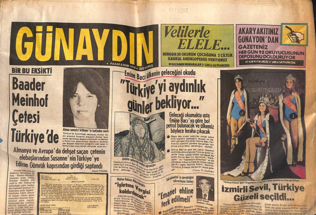 Günaydın Gazetesi 8 Ekim 1978 - Baader Meinhof Çetesi Türkiye'de - Erbakan; Biz Türkiye'nin Motoru, CHP İse Frenidir GZ132786 - 1