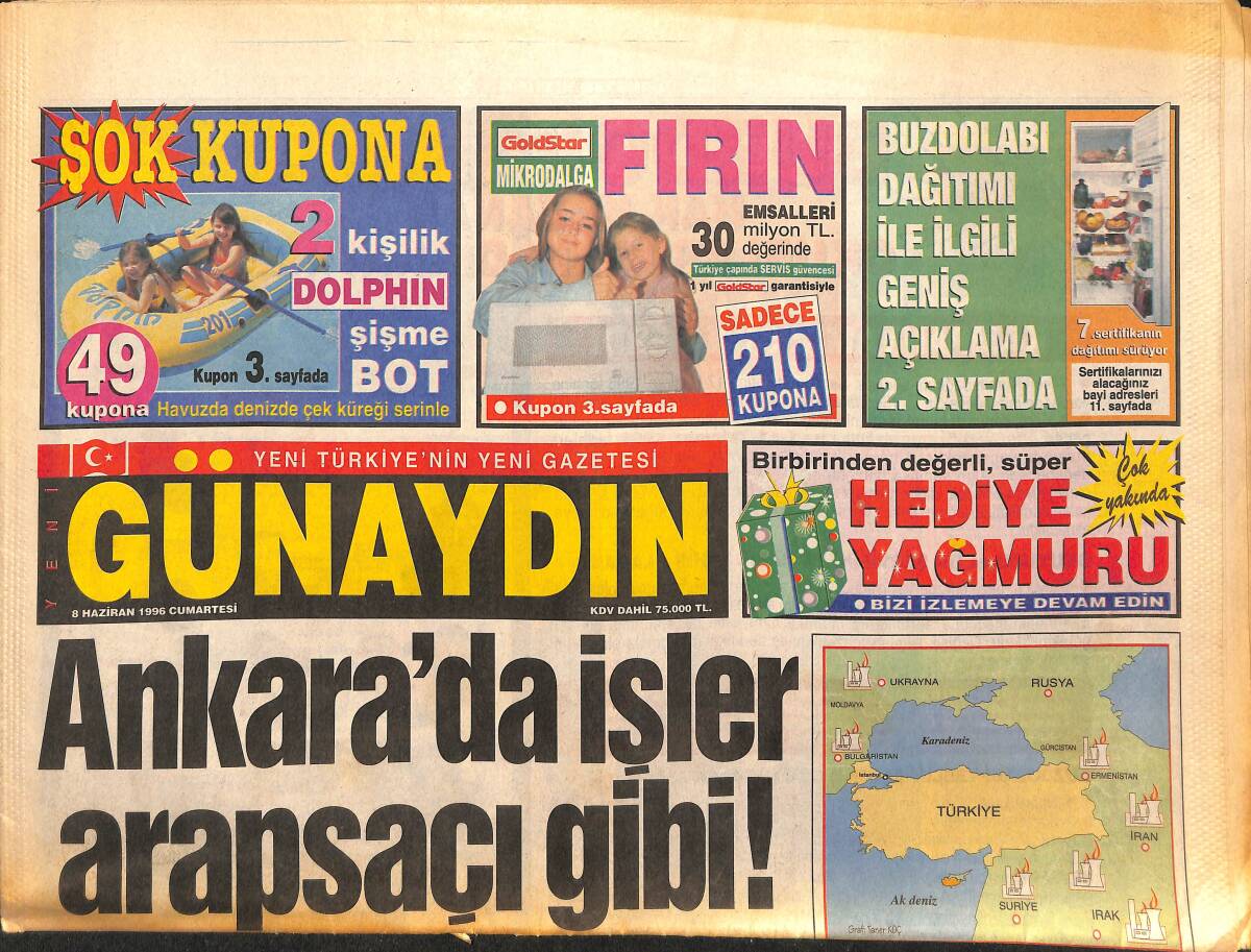 Günaydın Gazetesi 8 Haziran 1996 - Ecevit, Erken Seçim İstiyor - Baykal: Güçlü İcraat Hükümeti GZ147575 - 1