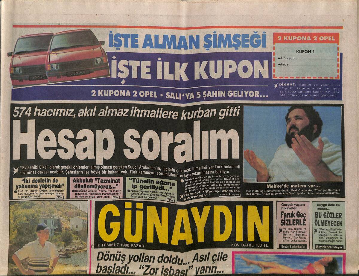 Günaydın Gazetesi 8 Temmuz 1990 - Maradona Dalgasını Geçti - Hülya Avşar Korkuyor - Madonna Yine Cinsellik GZ141052 - 1