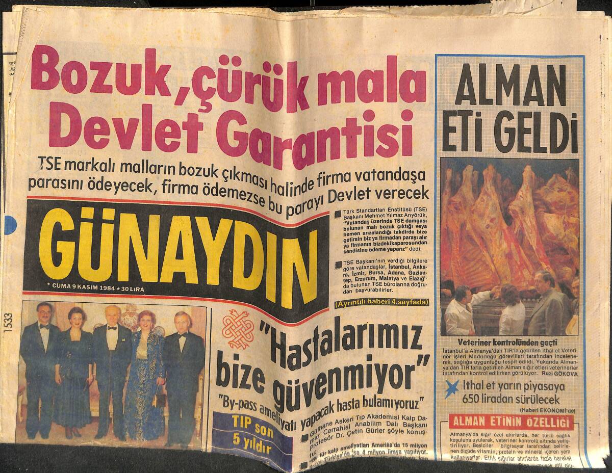 Günaydın Gazetesi 9 Kasım 1984 - Dünyanın En Zengin Tarihi Cam Hazinesi Ege'de Yatıyor GZ141703 - 1