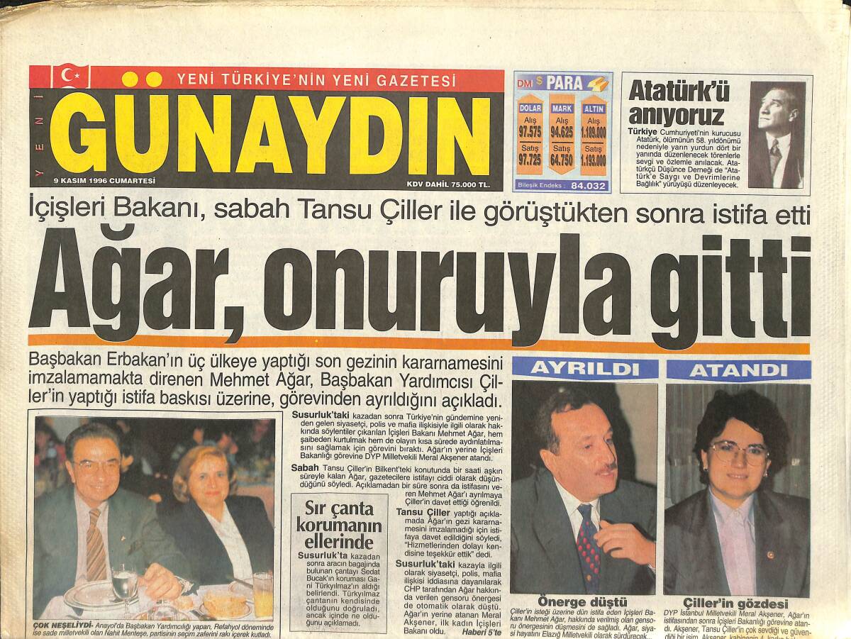 Günaydın Gazetesi 9 Kasım 1996 - Erbakanlı Otobüsler Seferde - Ağar , Tansu Çiller İle Görüştükten Sonra İstifa Etti GZ147740 - 1