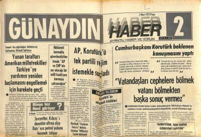 Günaydın Gazetesi Haber 2 Eki 2 Mart 1975 - AP , Korutürkü Tek Partili Rejim İstemekle Suçladı GZ102400 - 1