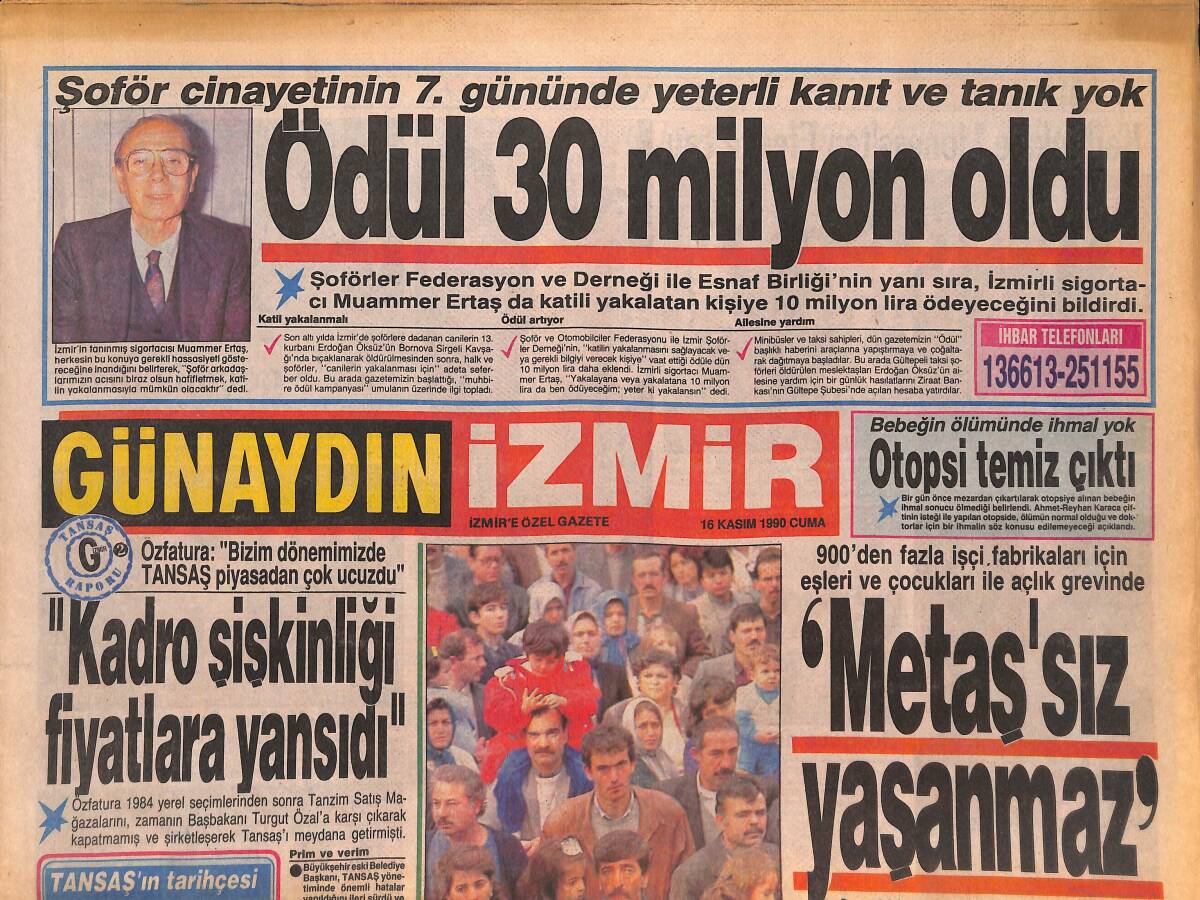 Günaydın Gazetesi İzmir Eki 16 Kasım 1990 - Okullarda Odun Parası İsteniyor - Esnafta Kredi Kavgası GZ135005 - 1