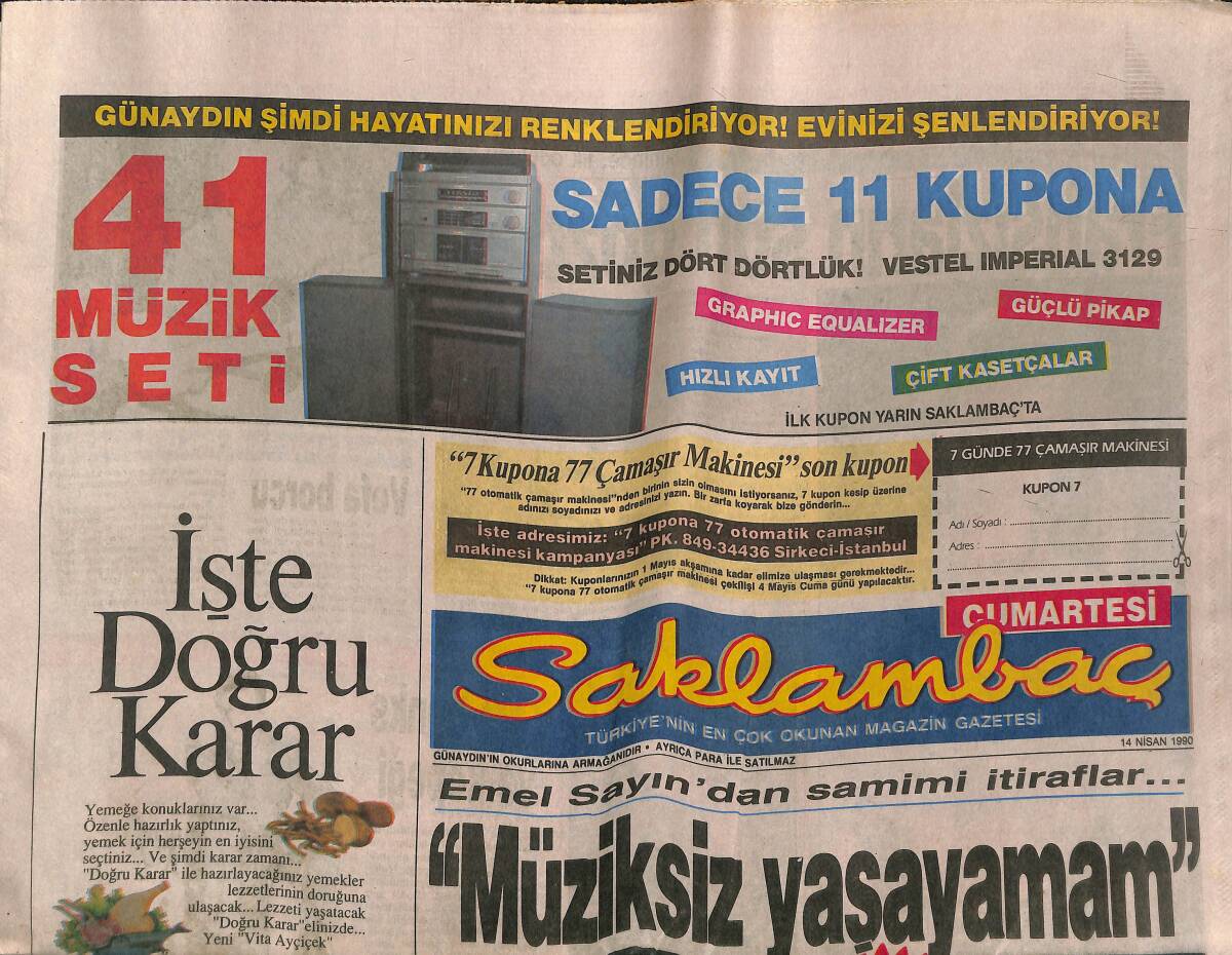 Günaydın Gazetesi Saklambaç Eki 14 Nisan 1990 - Emel Sayın'dan Samimi İtiraflar GZ141976 - 1