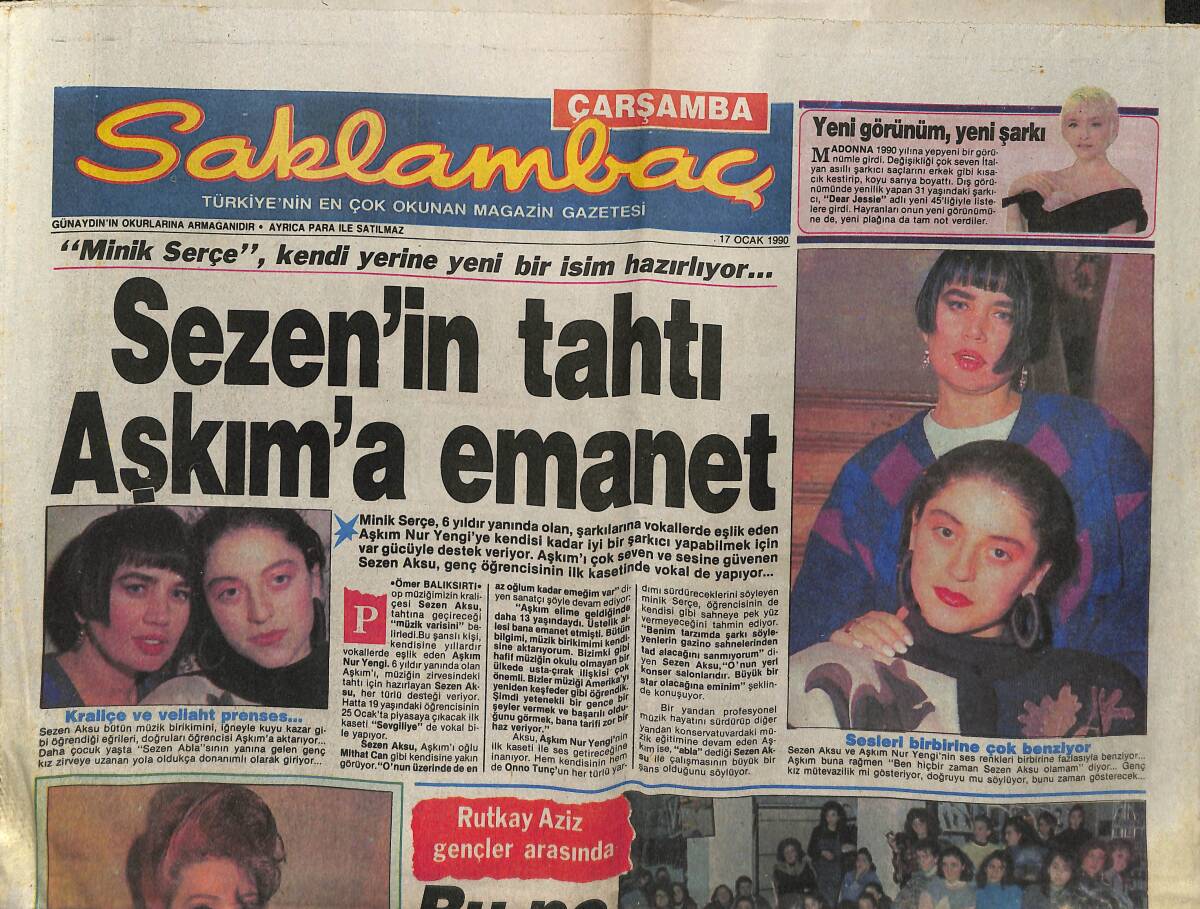 Günaydın Gazetesi Saklambaç Eki 17 Ocak 1990 - Sezen'in Tahtı Aşkım'a Emanet - İbo Kürkçü Dükkanında - Neşe Aksoy'u Sinema Eritti GZ152373 - 1
