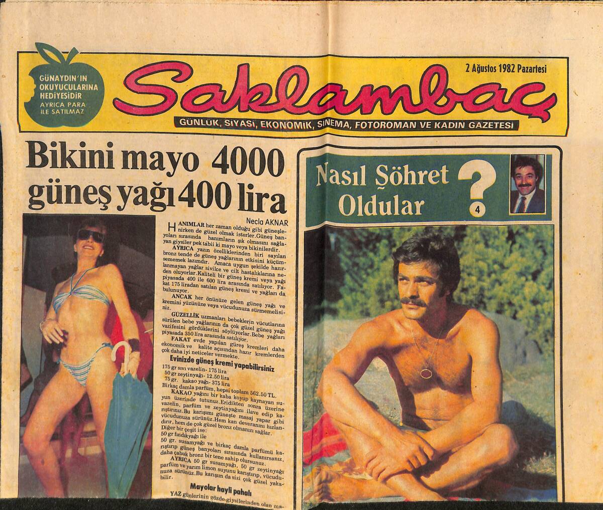 Günaydın Gazetesi Saklambaç Eki 2 Ağustos 1982 - Kadir İnanır Saklambaç Fotoromanları İle Şöhret Oldu - Diana Dors: Kanseri Yendim! GZ146338 - 1