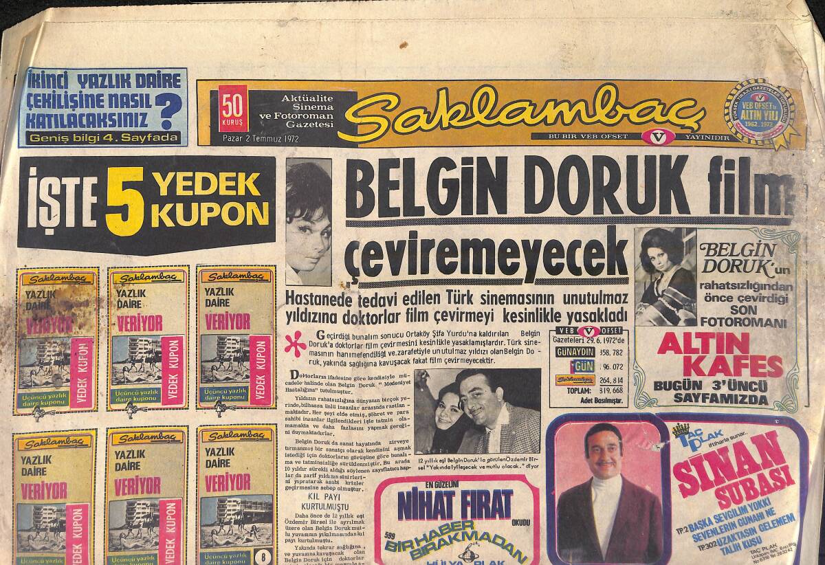 Günaydın Gazetesi Saklambaç Eki 2 Temmuz 1972 - Ajda Pekkan Altı Yıl Sonra Yeşilçam'a Döndü - Küçük Yıldız Sezercik Artistleri Pes Ettirdi GZ156530 - 1