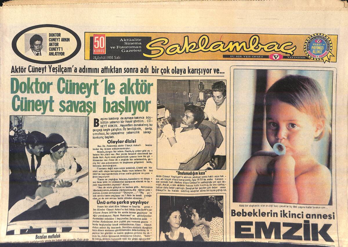 Günaydın Gazetesi Saklambaç Eki 24 Eylül 1974 - Doktor Cüneyt'le Aktör Cüneyt Savaşı Başlıyor - Aytaç Arman Da Dizi Film Yapacak GZ156444 - 1