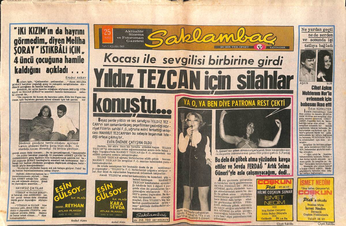 Günaydın Gazetesi Saklambaç Eki 5 Ağustos 1969 - Yıldız Tezcan İçin Silahlar Konuştu... - Arya Plak Gönül Yazar Afişi GZ141993 - 1