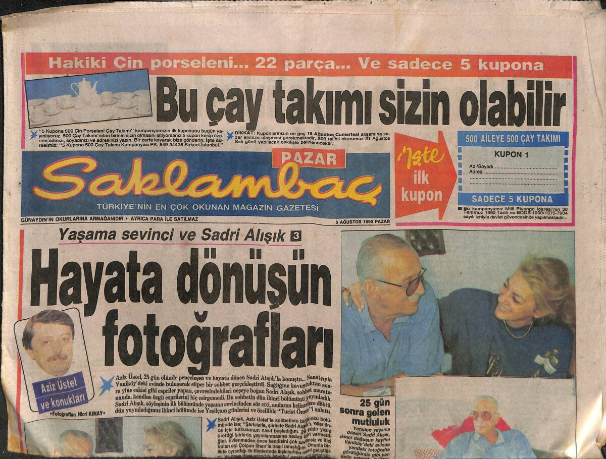 Günaydın Gazetesi Saklambaç Eki 5 Ağustos 1990 - Yaşama Sevinci Ve Sadri Alışık - Sibel Can Eriyor GZ152936 - 1