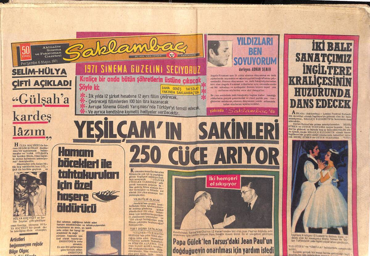 Günaydın Gazetesi Saklambaç Eki 6 Mayıs 1971 - Yeşilçam'ın Sakinleri 250 Cüce Arıyor - Selim-Hülya Çifti: Gülşah'a Kardeş Lazım GZ156740 - 1