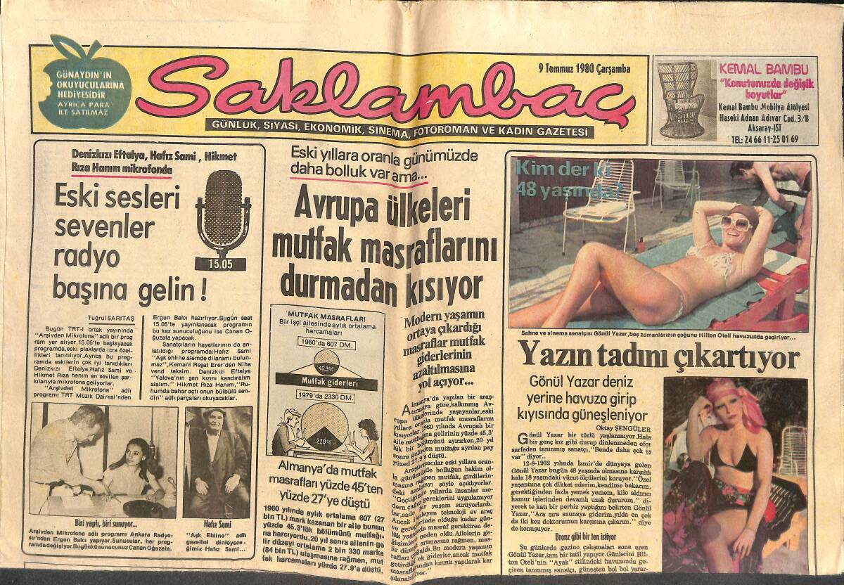 Günaydın Gazetesi Saklambaç Eki 9 Temmuz 1980 - Oya Peri Yeni Sezona Çok Hızlı Giriyor - Avrupa Ülkeleri Mutfak Masraflarını Durmadan Kısıyor! GZ142553 - 1
