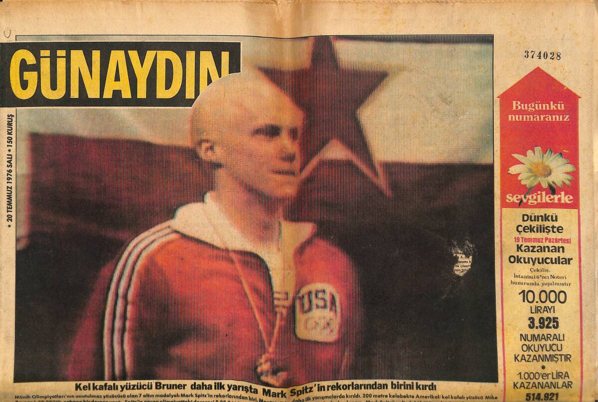 Günaydın İstanbul Gazetesi 20 Temmuz 1976 - Kel Kafalı Yüzücü Bruner Daha İlk Yarışta Mark Sptizn'in Rekorlarından Birini Kırdı GZ152131 - 1