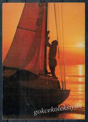 Günbatımında Denizde Yelkenli Temalı Kartpostal KRT2771 - 1