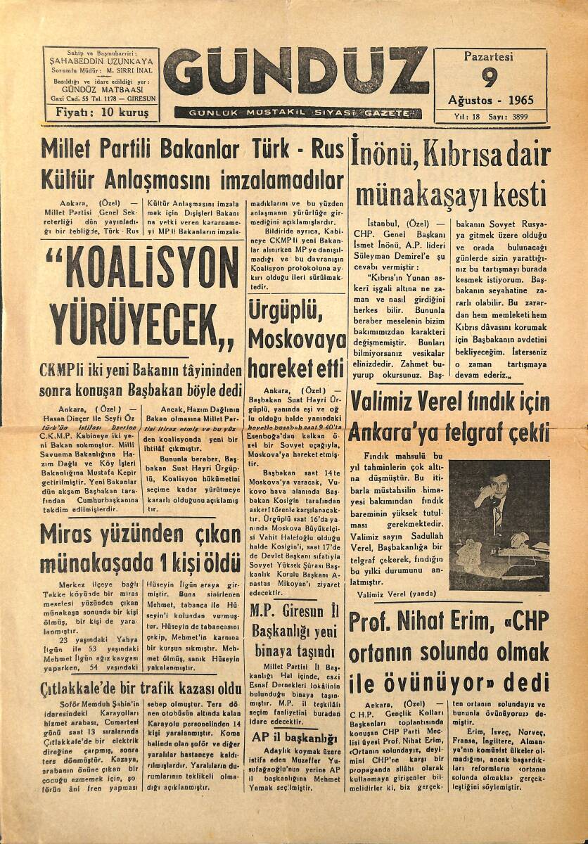 Gündüz Gazetesi 9 Ağustos 1965 - MP Giresun İl Başkanlığı Yeni Binaya Taşındı - Valimiz Verel Fındık İçin Ankara'ya Telgraf Çekti GZ154298 - 1