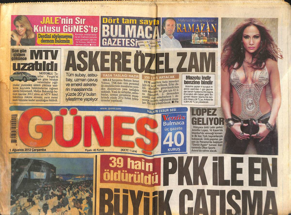 Güneş Gazetesi 1 Ağustos 2012 - PKK İle En Büyük Çatışma - Askere Özel Zam - İranlı Baba Dehşeti! GZ135640 - 1