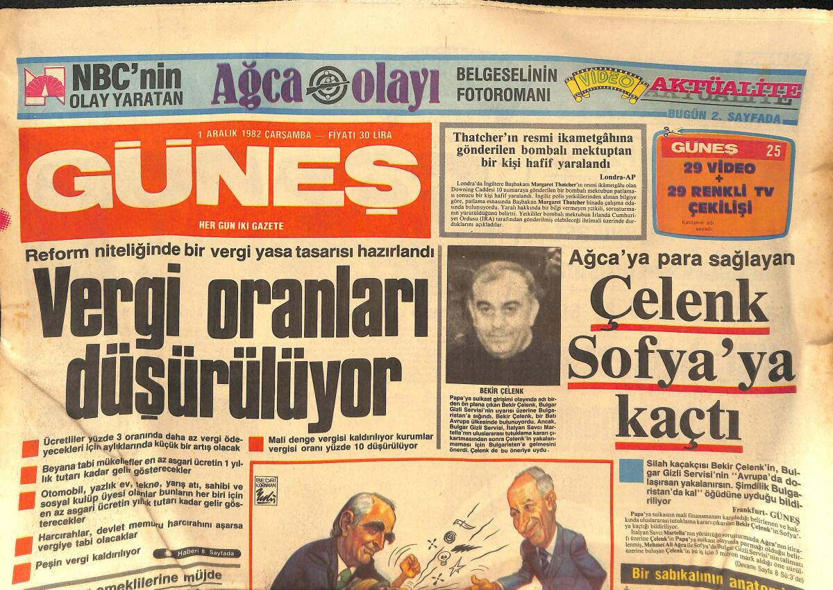 Güneş Gazetesi 1 Aralık 1982 - Ağca'ya Para Sağlayan Bekir Çelenk Sofya'ya Kaçtı - Ajda Pekkan Zor Şartlarda Şarkı Söyledi GZ133346 - 1