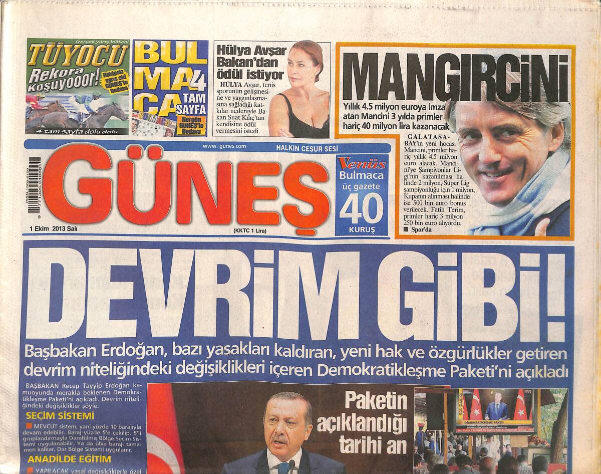 Güneş Gazetesi 1 Ekim 2013 - Hülya Avşar Bakan'dan Ödül İstiyor! - Kenan İmirzalıoğlu Ezel'e Dayı Seçti! GZ136991 - 1