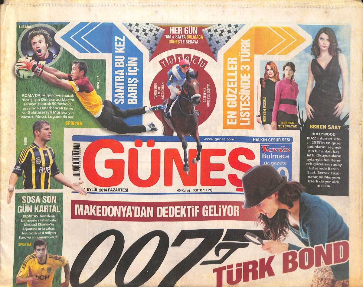Güneş Gazetesi 1 Eylül 2014 - Sosa Son Gün Kartal - Yeşilçam'ın 1 Numarası Susuz Yaz GZ135072 - 1