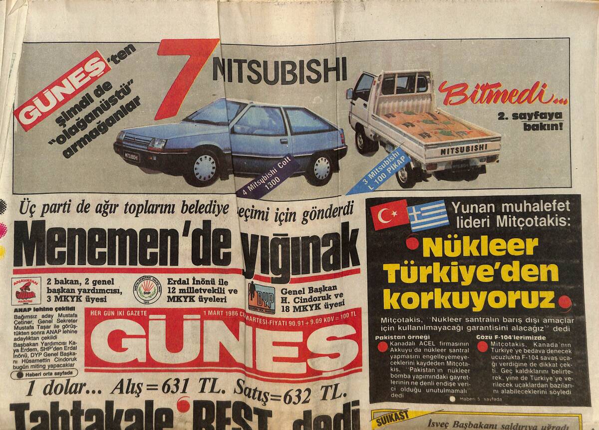 Güneş Gazetesi 1 Mart 1986 - 32. Gün Programında Thatcher'dan Mesaj - Fatih Terim Ve Alpaslan Eratlı Ezeli Rekabeti Tartıştı GZ151492 - 1