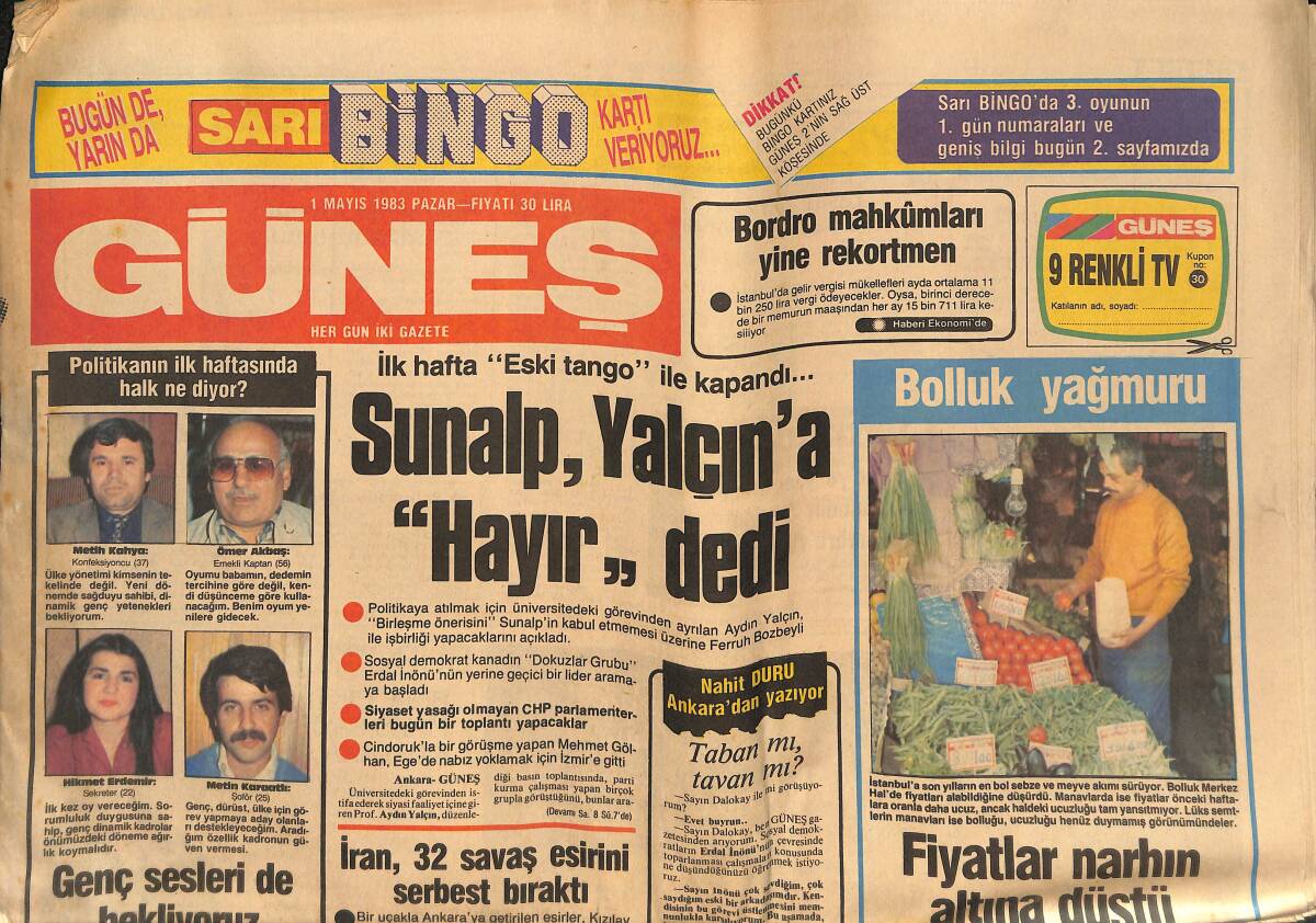 Güneş Gazetesi 1 Mayıs 1983 - Eskişehirliler Gecenin Assolisti Kamuran Akkor'u Çiçek Yağmuruna Tuttular GZ134471 - 1