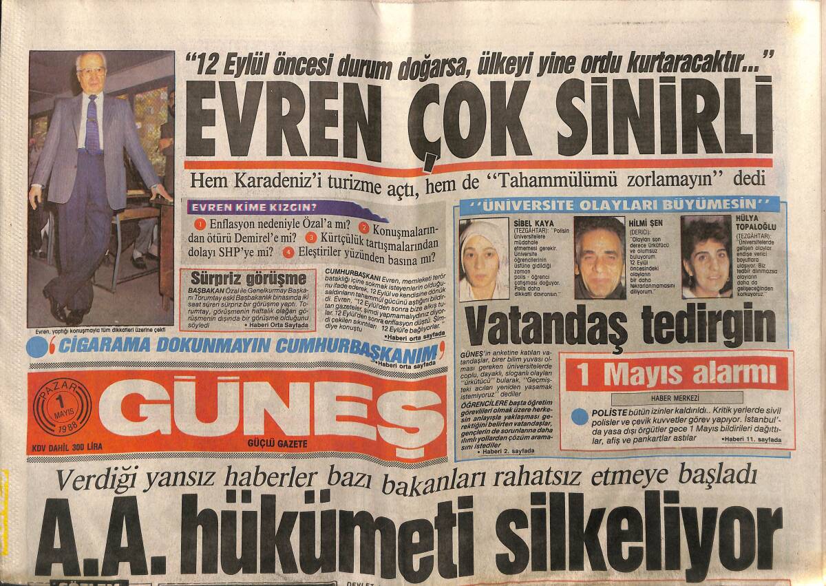 Güneş Gazetesi 1 Mayıs 1988 - Özal , Dert Dinledi - A.A. Hükümeti Silkeliyor GZ149211 - 1