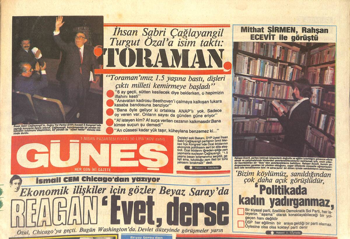 Güneş Gazetesi 1 Nisan 1985 - Bu Kez Gülen Fenerbahçe Oldu - Sabri Çağlayangil Turgut Özal'a İsim Taktı: Toraman GZ2972 - 1