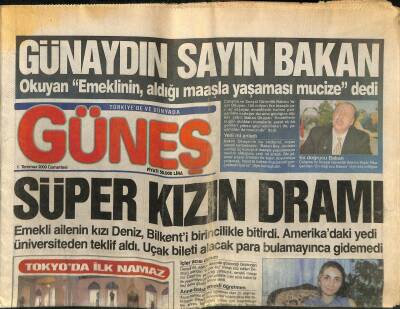 Güneş Gazetesi 1 Temmuz 2000 - Özbekistandan Aydan Şenere Ödül - Tokyoda İlk Namaz GZ120843 - 1