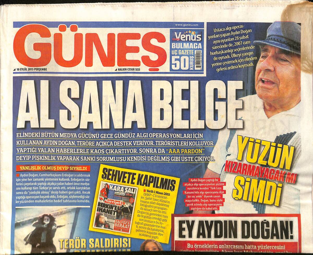 Güneş Gazetesi 10 Eylül 2015 - Aydın Doğan, Yüzü Kızarmadan Kendini Savundu GZ158997 - 1