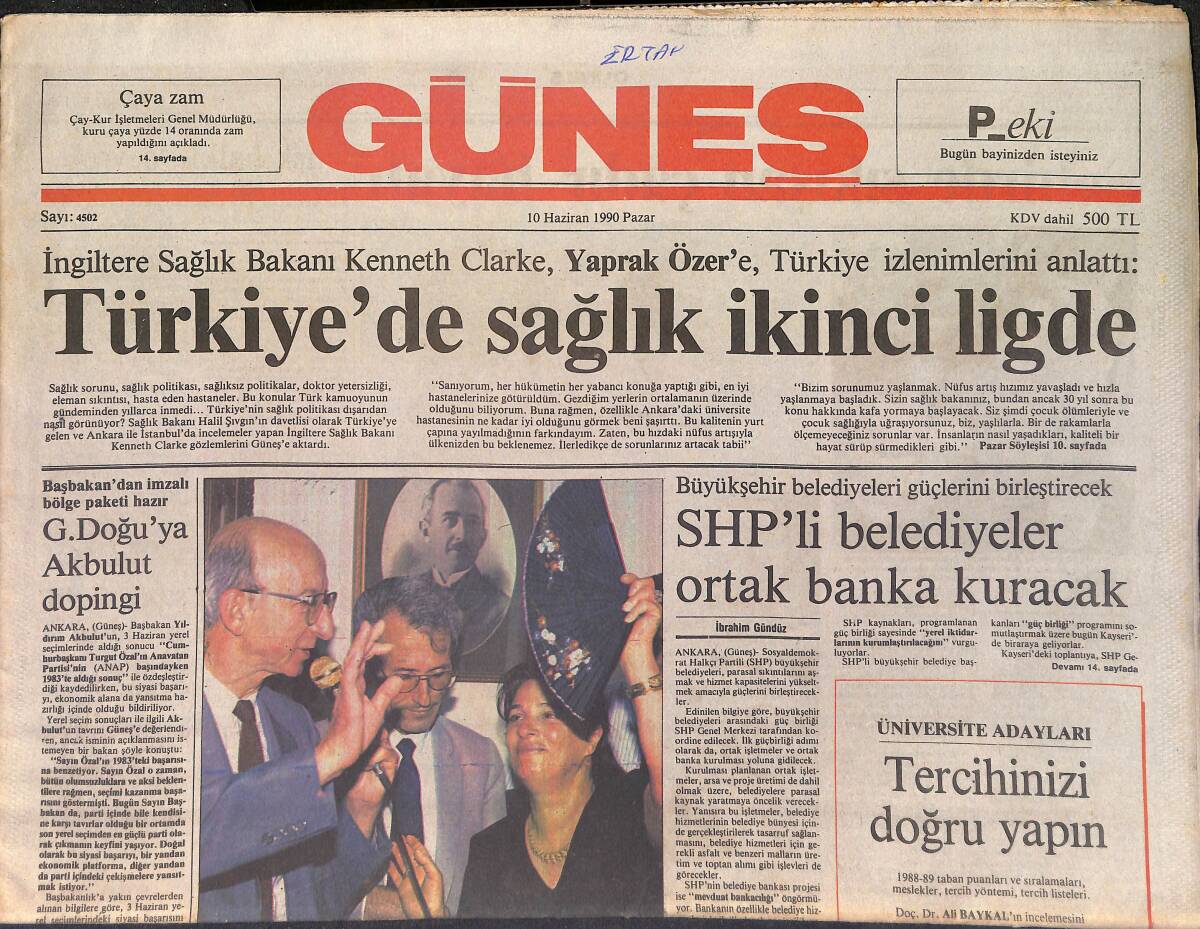 Güneş Gazetesi 10 Haziran 1990 - Maradona'ya Kötü Karne - Cemil Çiçek, Tanju Gürsu Ve Türkan Şoray'dan Sinemanın Sorunlarını Dinledi GZ4151 - 1
