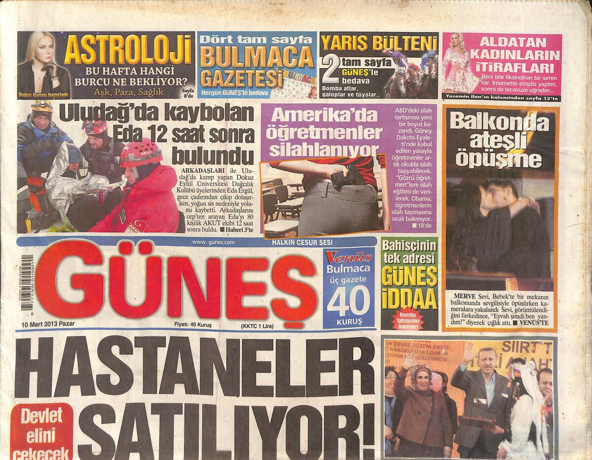 Güneş Gazetesi 10 Mart 2013 - İdo Tatlıses'e Annesi Destek Verdi - Amerika'da Öğretmenler Silahlanıyor GZ135078 - 1