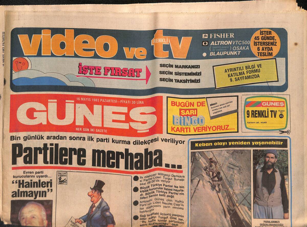 Güneş Gazetesi 10 Mayıs 1983 - Sezen Aksu Bodrum'a Yerleşti - Kıbrıs'a Yunan Askerleri Girdi - Millilerimiz Tiran'a Yolculuk Ettiler GZ132380 - 1
