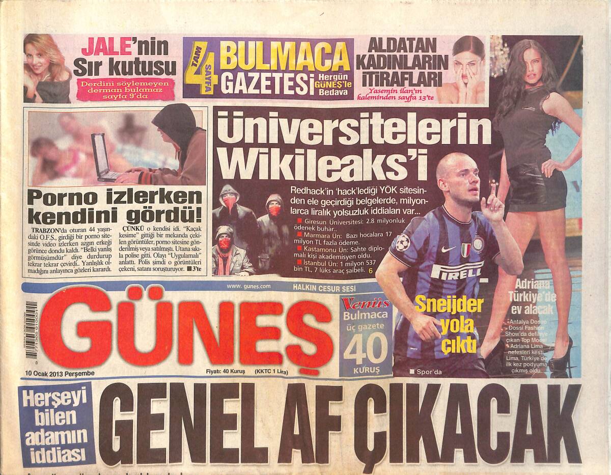 Güneş Gazetesi 10 Ocak 2013 - Sneijder, Galatasaray İçin Geliyor - Kılıçdaroğlu'nun Kardeşi Türbede Bekçi Çıktı GZ159007 - 1