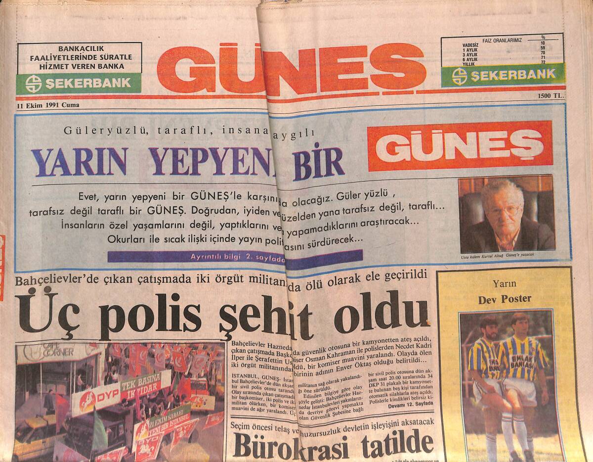 Güneş Gazetesi 11 Ekim 1991 - Sarı Lacivertliler Galatasaray Galibiyetinin Zafer Sarhoşluğunda GZ151539 - 1