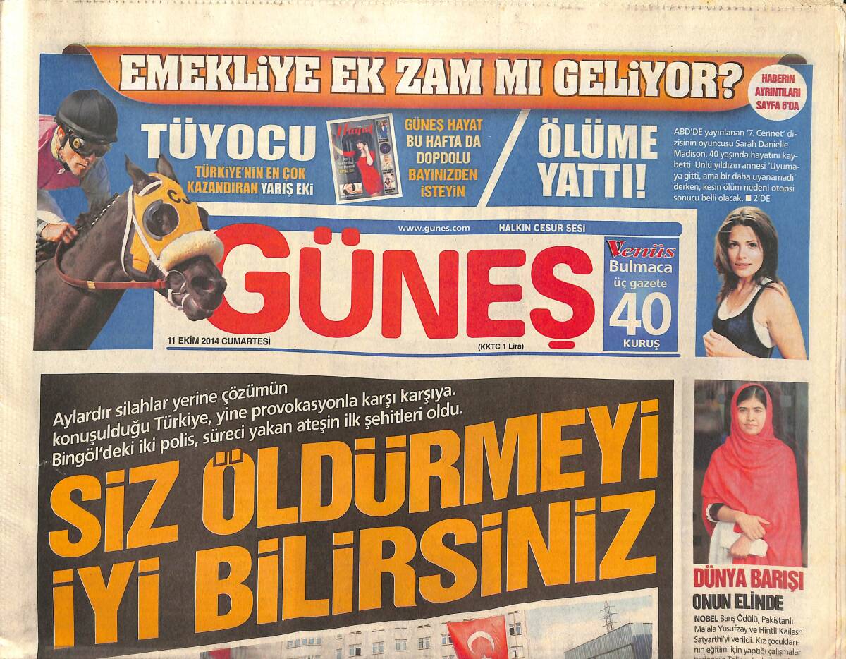 Güneş Gazetesi 11 Ekim 2014 - Emekliye Ek Zam mı Geliyor? - Münevver Karabulut'un Ahı - HSYK'DAKİ Patroniçe! GZ135620 - 1