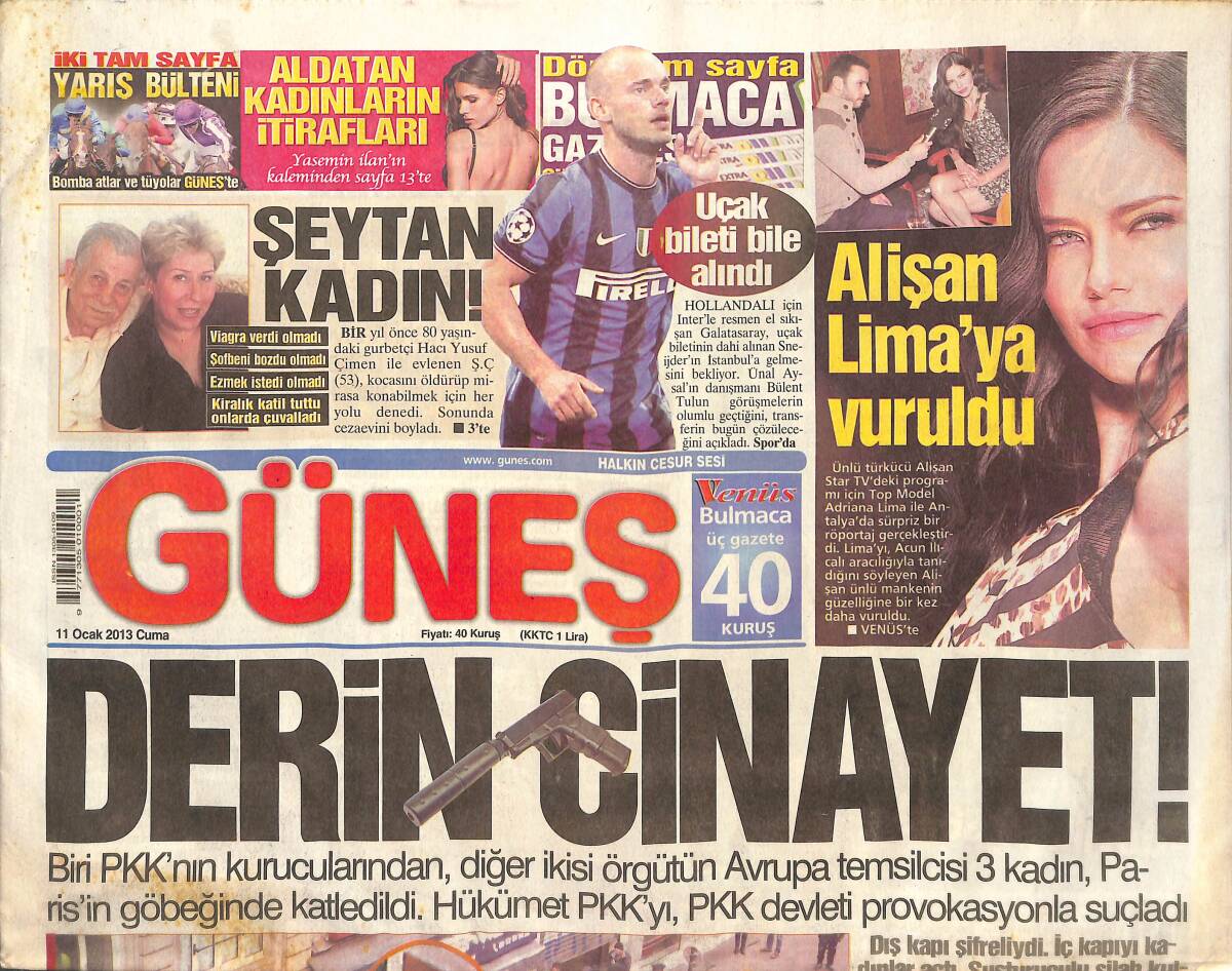 Güneş Gazetesi 11 Ocak 2013 - Derin Cinayet! - Alişan Adriana Lima'ya Aşık Oldu - Apo İran'ı İşaret Etti GZ135639 - 1