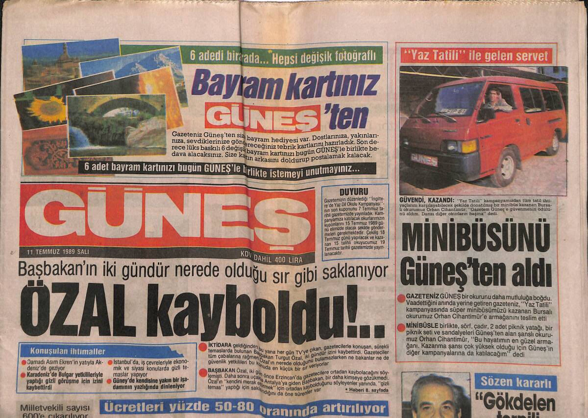 Güneş Gazetesi 11 Temmuz 1989 - Paramız Kapıkule'de Geçmiyor - TRT'de Kıyım - Mekke'de Bombalar Patladı GZ149214 - 1