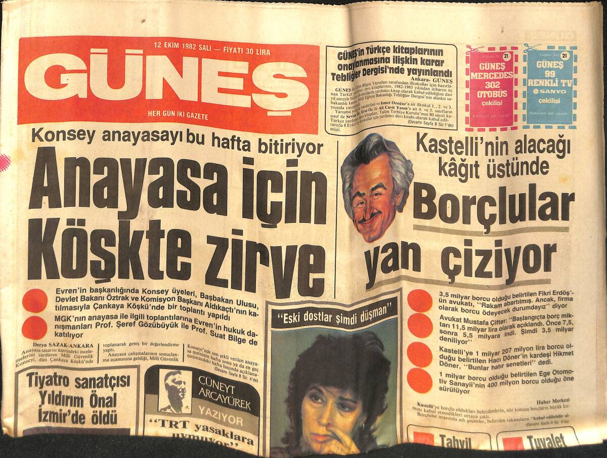 Güneş Gazetesi 12 Ekim 1982 - Anayasa İçin Köşk'te Zirve - Yıldırım Önal İzmir'de Öldü GZ133868 - 1