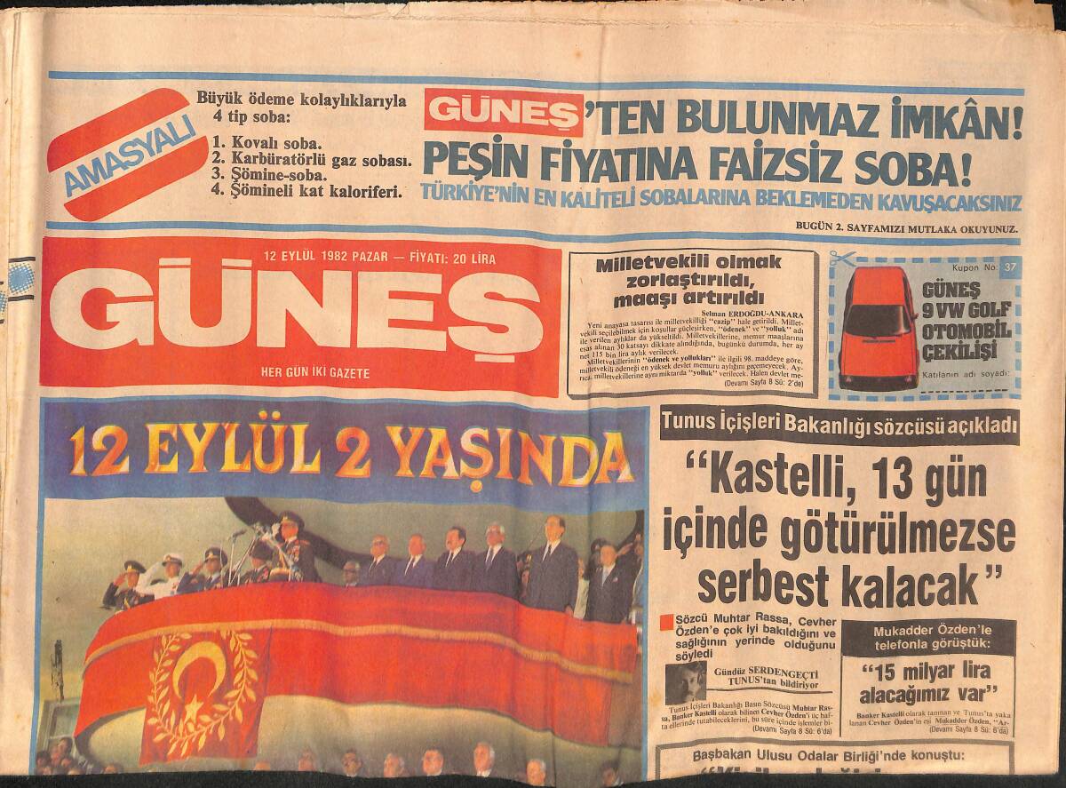 Güneş Gazetesi 12 Eylül 1982 - Burgaz Köy Köy Aranıyor - 12 Eylül 2 Yaşında GZ134137 - 1