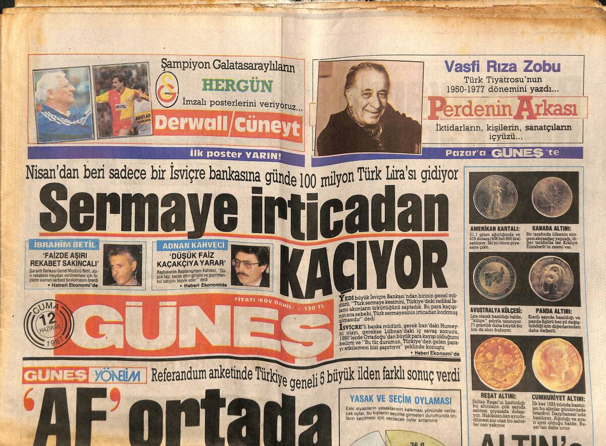 Güneş Gazetesi 12 Haziran 1987 - Tanju Galatasaray İçin İstanbul'da - Federasyonun Yaramaz Çocuğu Fenerbahçe GZ151431 - 1