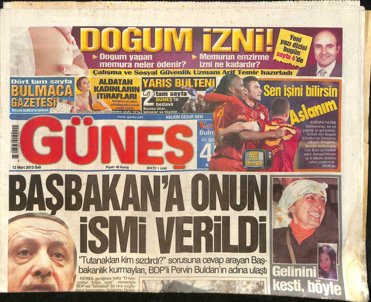 Güneş Gazetesi 12 Mart 2013 - Avrupa Fatihi Galatasaray Bu Akşam Schalke'nin Karşısına Çıkıyor -Şarkıcı Bengü Evlilik Yolundayken Ayrılık Haberi Verdi GZ159036 - 1