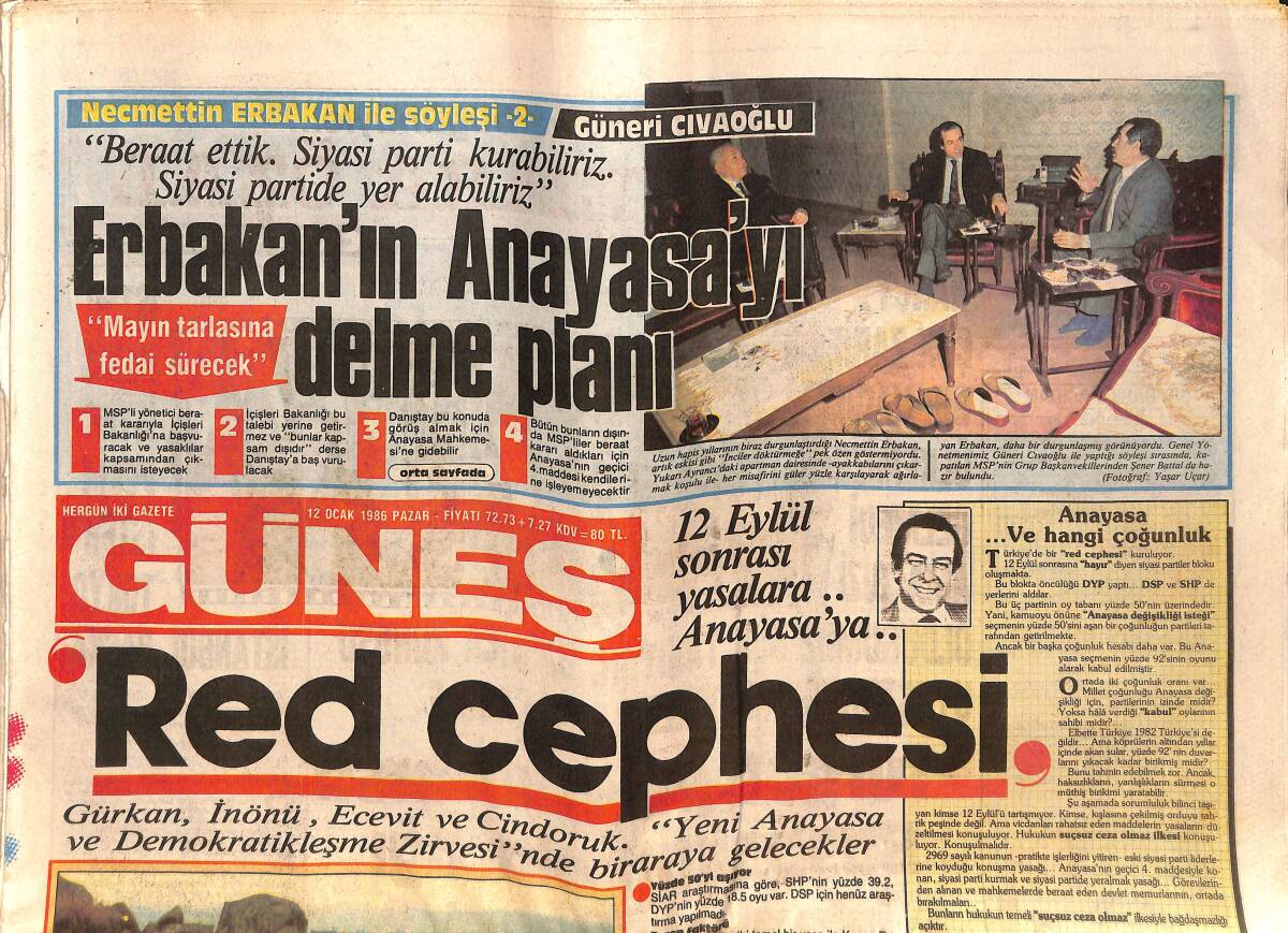 Güneş Gazetesi 12 Ocak 1986 - Erbakan'ın Anayasayı Delme Planı - Nükhet'in Balerinleri GZ151535 - 1