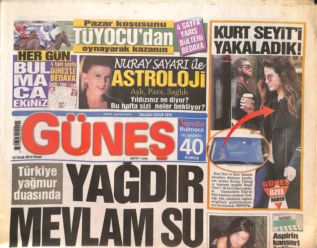 Güneş Gazetesi 12 Ocak 2014 - Kıvanç Tatlıtuğ Ve Başak Dizer Yakalandı! - Devlet Bahçeli Gemi Su Alıyor! GZ136987 - 1